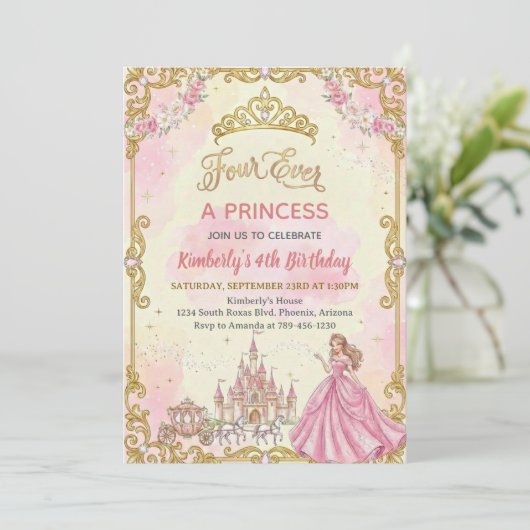 プリンセスであり続ける ピンクの女の子 4歳の誕生日パーティー 招待状 (スタンド正面)