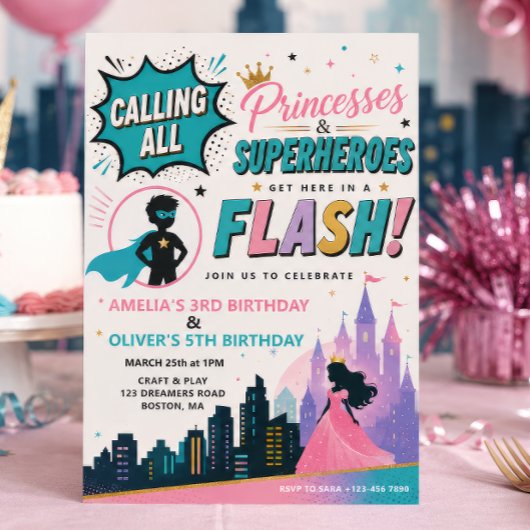 プリンセスとスーパーヒーローのジョイント誕生日招待状 招待状