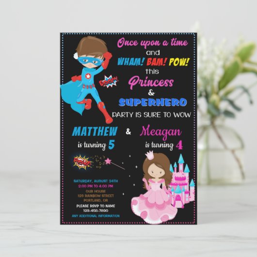 プリンセスとスーパーヒーローの誕生日の招待状のジョイント 招待状 (スタンド正面)