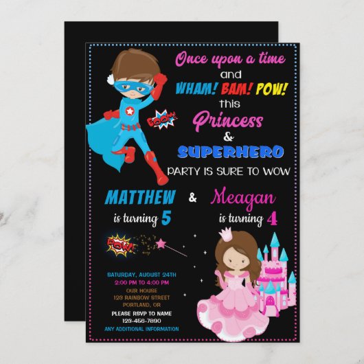 プリンセスとスーパーヒーローの誕生日の招待状のジョイント 招待状 (正面/裏面)