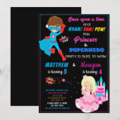 プリンセスとスーパーヒーローの誕生日パーティー　ご招待（合同） 招待状 (正面/裏面)