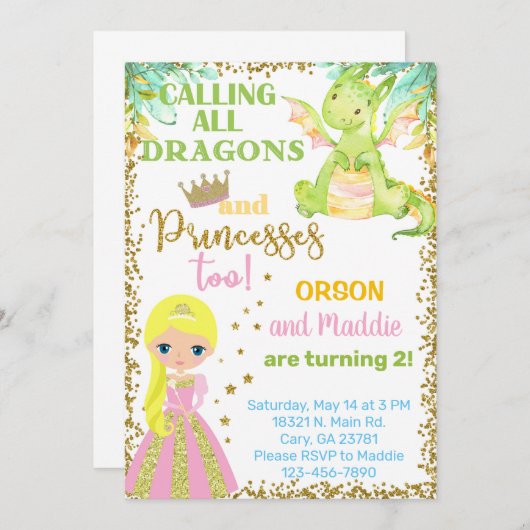 プリンセスとドラゴン兄弟姉妹の誕生日の招待。  招待状 (正面/裏面)