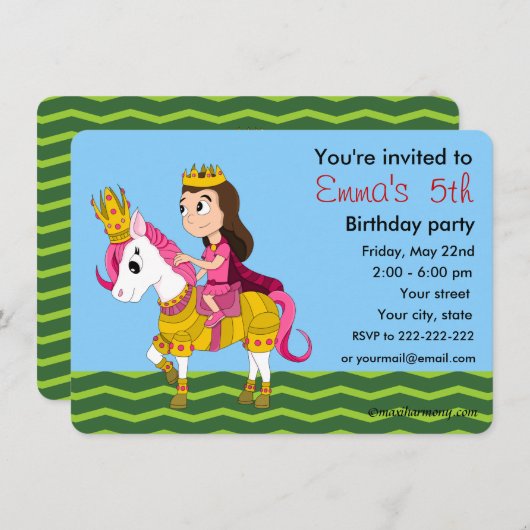 プリンセスとポニー漫画の誕生日招待状 招待状 (正面/裏面)