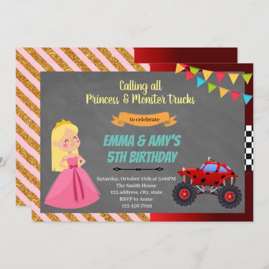プリンセスとモンスターカーの共同パーティー招待状 招待状 (正面/裏面)