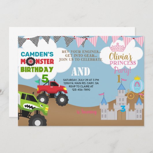 プリンセスとモンスタートラック兄弟姉妹招待。 招待状 (正面/裏面)