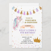 プリンセスとユニコーンの共同誕生日招待状 招待状 (正面/裏面)