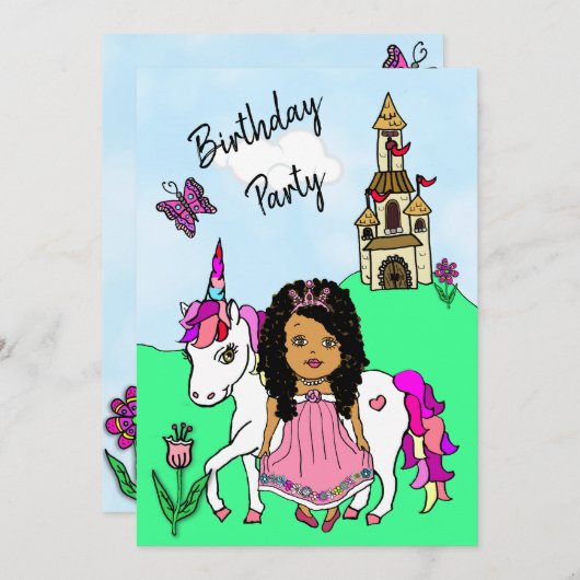 プリンセスとユニコーンの女の子の誕生日パーティー 招待状 (正面/裏面)