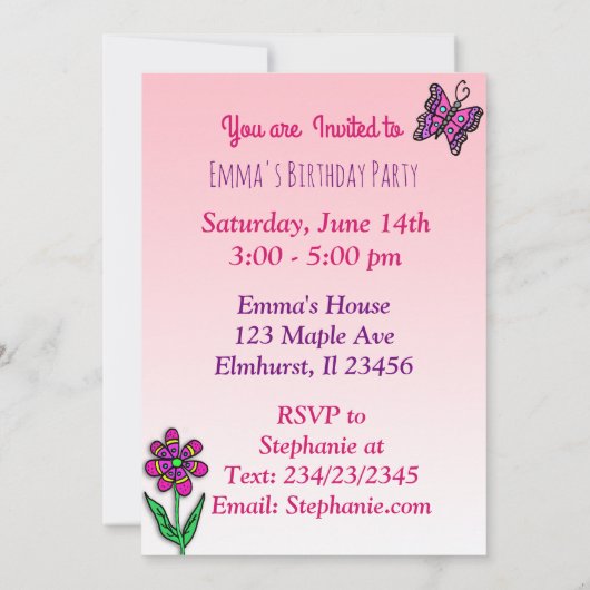 プリンセスとユニコーンの女の子の誕生日パーティー 招待状 (裏面)