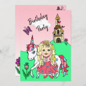 プリンセスとユニコーンの女の子の誕生日パーティー 招待状 (正面/裏面)