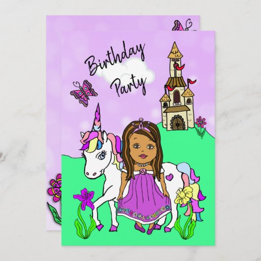 プリンセスとユニコーンの女の子の誕生日パーティー 招待状 (正面/裏面)