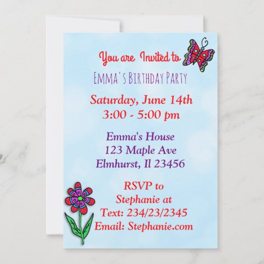 プリンセスとユニコーンの女の子の誕生日パーティー 招待状 (裏面)