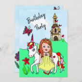 プリンセスとユニコーンの女の子の誕生日パーティー 招待状 (正面/裏面)