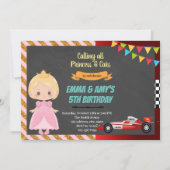 プリンセスとレーシングカーの共同パーティー招待状 招待状 (正面)