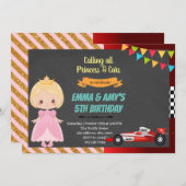 プリンセスとレーシングカーの共同パーティー招待状 招待状 (正面/裏面)