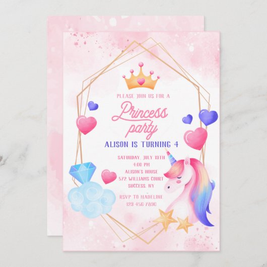 プリンセスと一角獣の誕生パーティー 招待状 (正面/裏面)