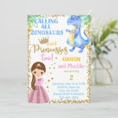 プリンセスと恐竜の兄弟姉妹の誕生日の招待 招待状 (スタンド正面)