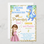 プリンセスと恐竜の兄弟姉妹の誕生日の招待 招待状 (正面/裏面)