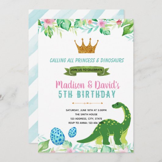 プリンセスと恐竜パーティの招待状 招待状 (正面/裏面)