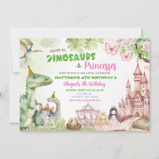 プリンセスと恐竜ボーイガールジョイント誕生日 招待状 (正面)