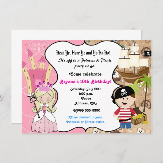 プリンセスと海賊誕生日パーティーの招待状 招待状 (正面/裏面)
