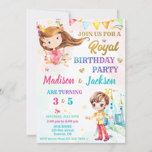 プリンセスと王子の誕生日の招待パー王室のツ 招待状 (正面)