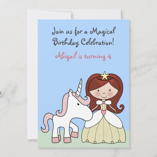 プリンセスと赤毛と可愛いユニコーン誕生日 招待状 (正面)