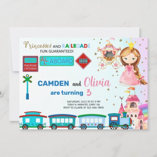 プリンセスと電車兄弟姉妹誕生日の招待。 招待状 (正面)