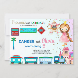 プリンセスと電車兄弟姉妹誕生日の招待。 招待状