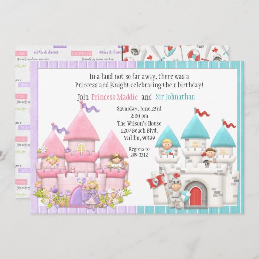 プリンセスと騎士の誕生日パーティーの招待 招待状 (正面/裏面)