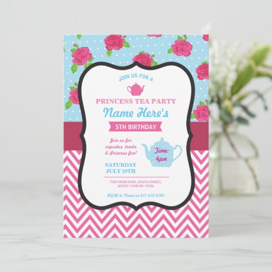 プリンセスのお茶会のアリスのピンクの誕生日の招待 招待状 (スタンド正面)