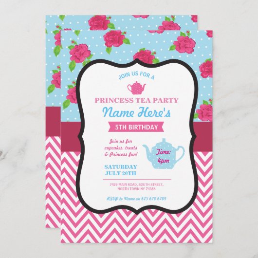 プリンセスのお茶会のアリスのピンクの誕生日の招待 招待状 (正面/裏面)