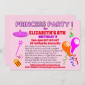 プリンセスのお誕生日パーティー招待状　楽しいおとぎ話風のデザイン 招待状 (正面/裏面)