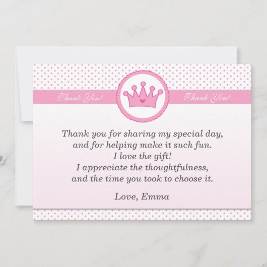 プリンセスのサンキューカードのピンクの水玉模様の女の子 サンキューカード (正面)