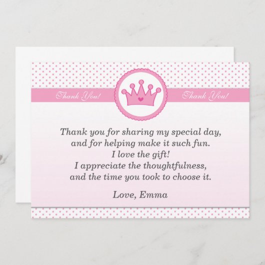 プリンセスのサンキューカードのピンクの水玉模様の女の子 サンキューカード (正面/裏面)