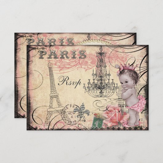 プリンセスのベビーのエッフェル塔及びシャンデリアRSVP 出欠カード (正面/裏面)