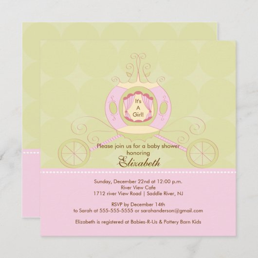 プリンセスのベビーシャワーの招待状のかわいらしいキャリッジ 招待状 (正面/裏面)