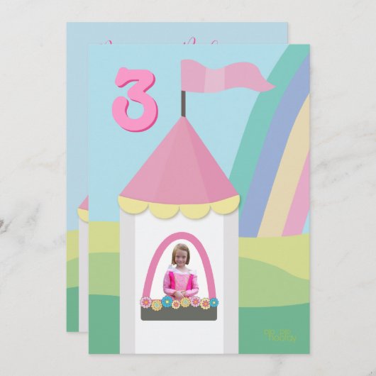 プリンセスの城のガーリーな誕生会の写真の招待 招待状 (正面/裏面)