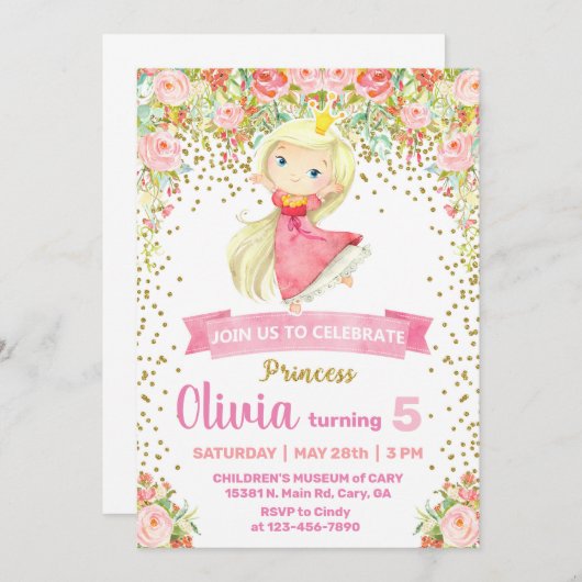 プリンセスの女の子の誕生日パーティーの招待状、招待状。i 招待状 (正面/裏面)