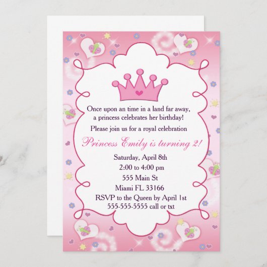 プリンセスの招待状の女の子の誕生会の王冠のピンク 招待状 (正面/裏面)