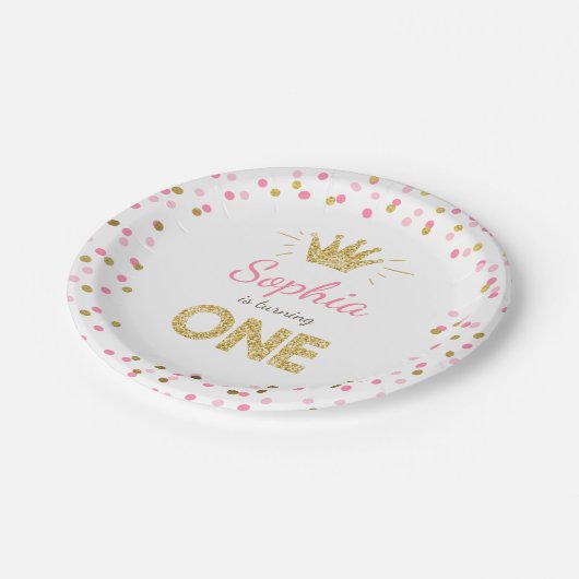 プリンセスの最初誕生日の紙皿のピンクの金ゴールド ペーパープレート (アングル)