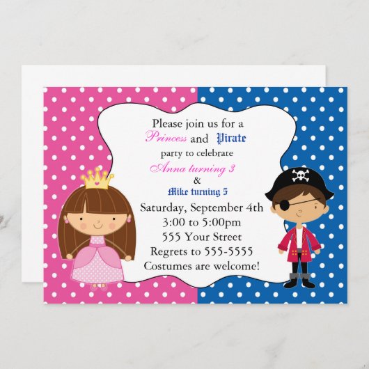 プリンセスの海賊招待状の子供の誕生日のパーティー 招待状 (正面/裏面)