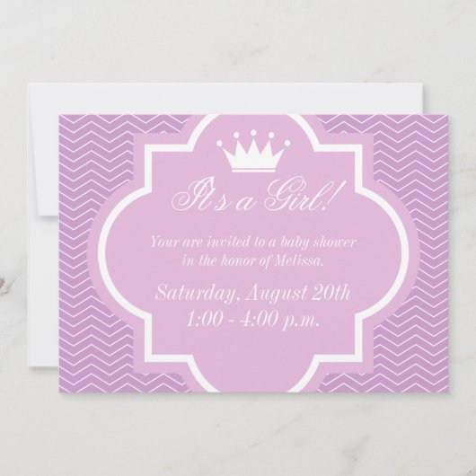 プリンセスの王冠が付いたピンクのベビーシャワー招待状 招待状 (正面)