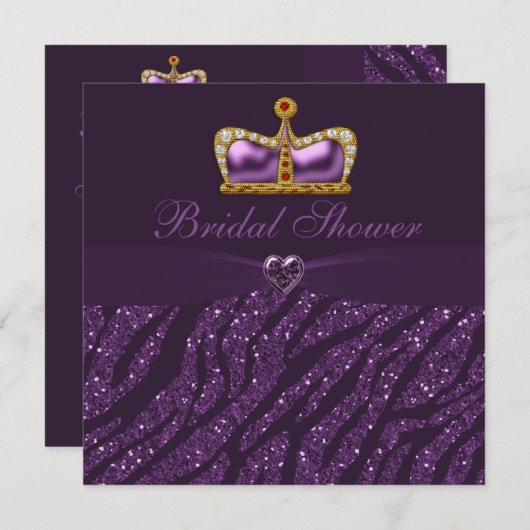 プリンセスの王冠のハート及びシマウマのグリッターのブライダルシャワー 招待状 (正面/裏面)