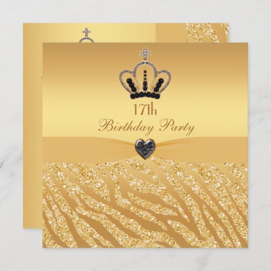 プリンセスの王冠及びシマウマのグリッターのプリントの第17誕生日 招待状 (正面/裏面)
