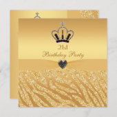 プリンセスの王冠及びシマウマのグリッターのプリントの第21誕生日 招待状 (正面/裏面)