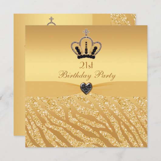 プリンセスの王冠及びシマウマのグリッターのプリントの第21誕生日 招待状 (正面/裏面)