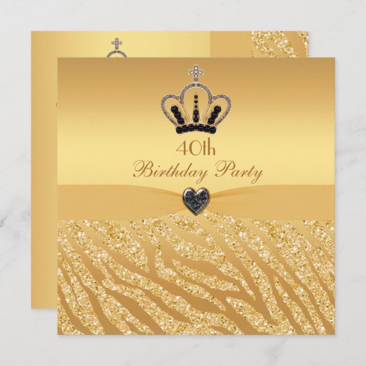プリンセスの王冠及びシマウマのグリッターのプリントの第40誕生日 招待状 (正面/裏面)