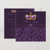 プリンセスの王冠、ハート及びシマウマのグリッターのベビーシャワー 招待状 (正面/裏面)