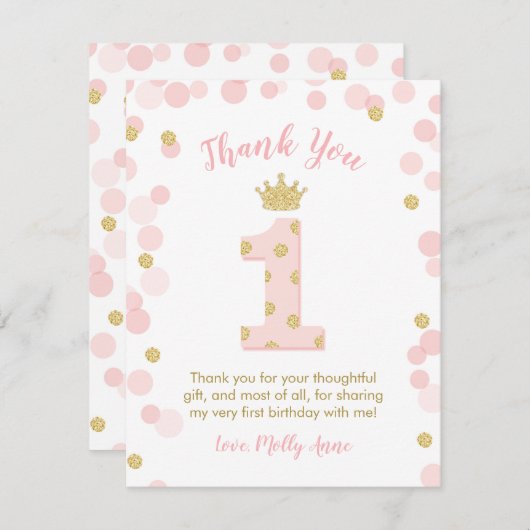 プリンセスの第1誕生日のピンクの金ゴールドのサンキューカード 招待状 (正面/裏面)