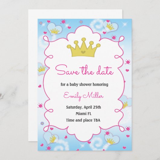 プリンセスの蝶ベビーシャワーの保存日付 セーブザデート (正面/裏面)